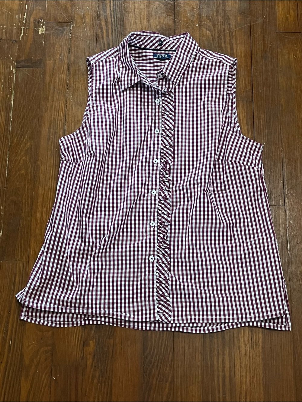 Izod Sleeveless Burgundy and White Gingham Button-Down Shirt